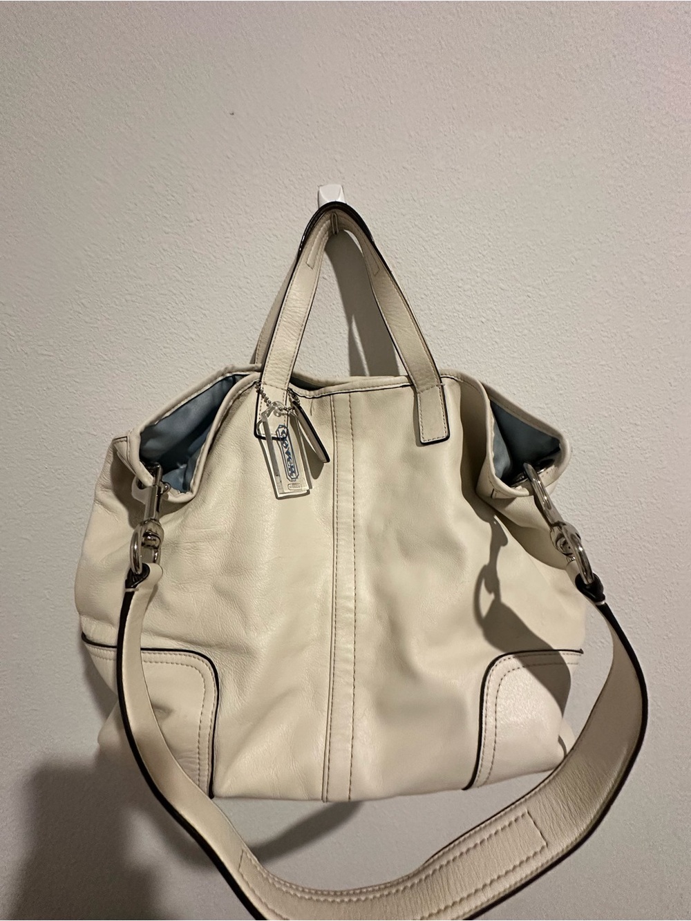Cream Leather Tote Bag with Detachable Strap